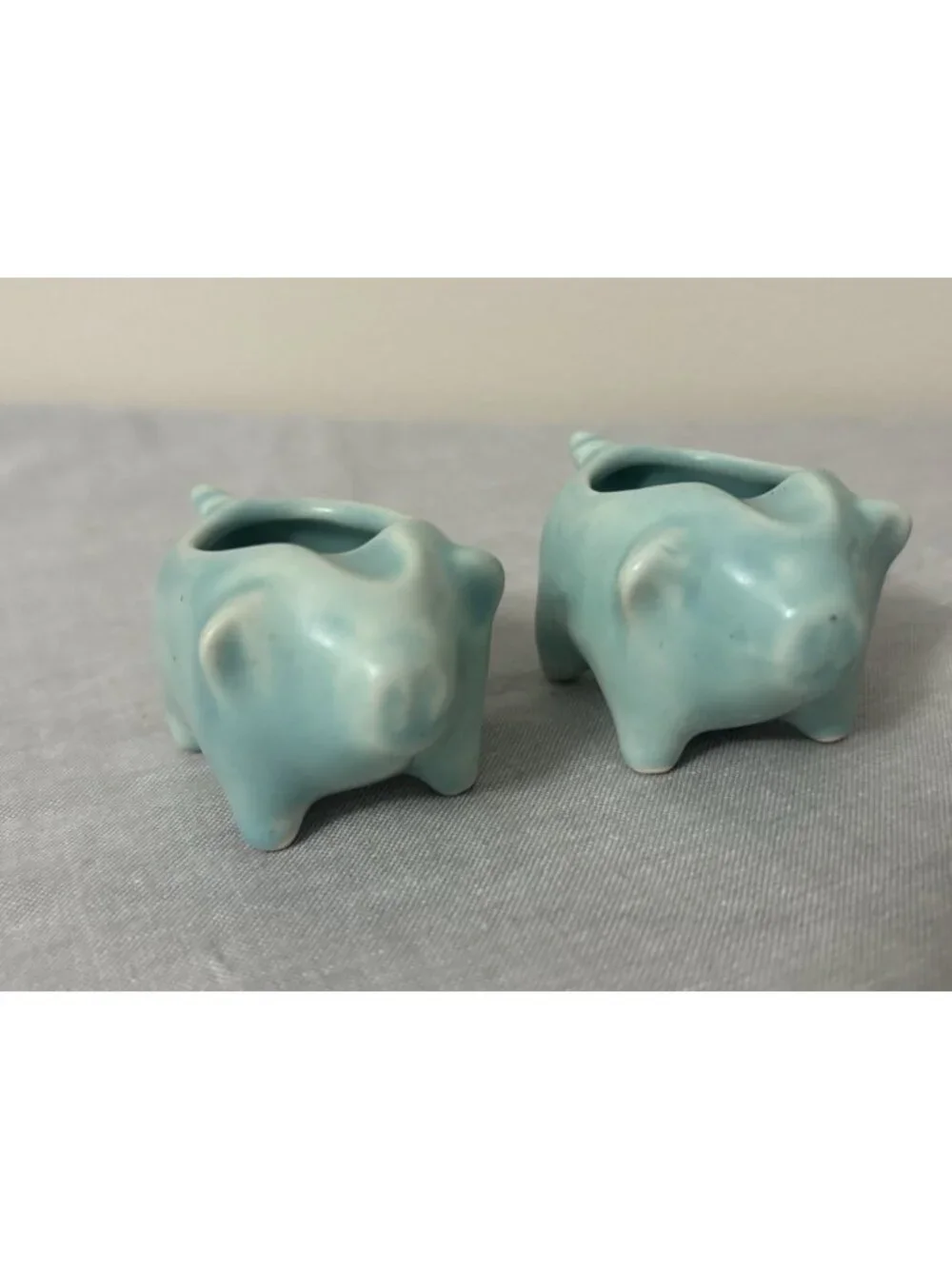 Vintage PAIR Stangl  Pottery Pig Ashtray Antique Blue Teal MCM